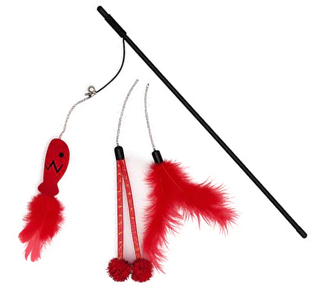 Varita Pez Plumas Y Pompones Rojo Gato
