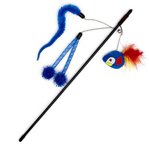 Varita Pájaro Plumas Y Pompon Azul Gato