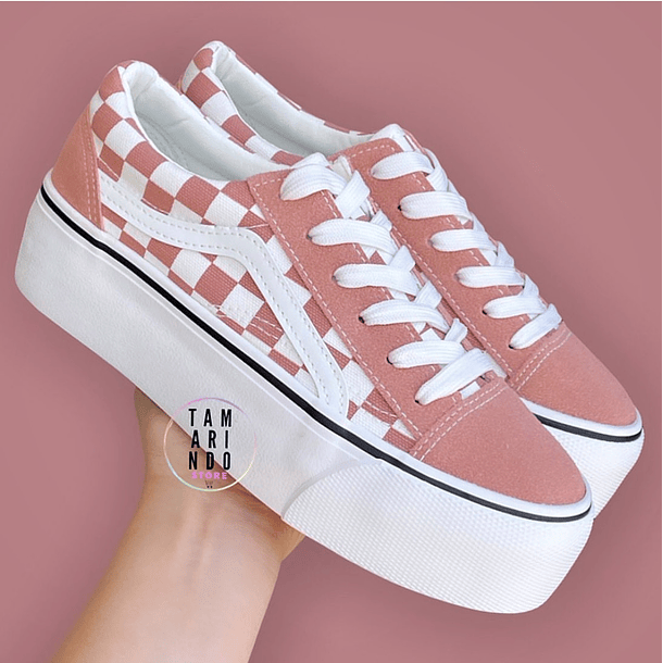 Zapatillas lona cuadro rosado con plataforma D30