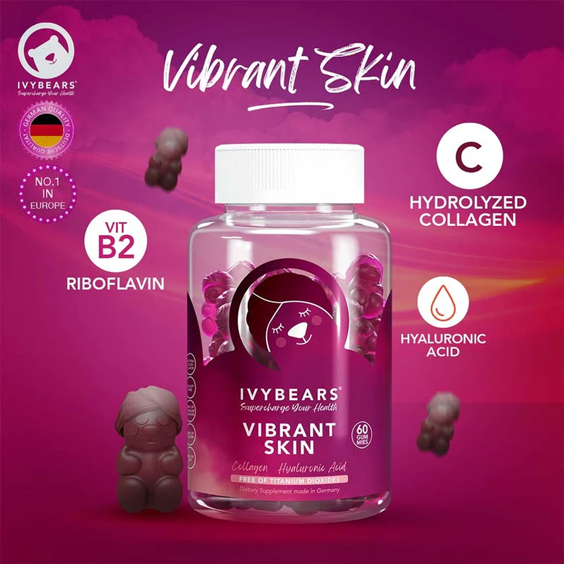 Ivy Bears Gomas de Colagénio e Ácido Hialurónico – Suplemento para Cabelo, Pele e Unhas 1