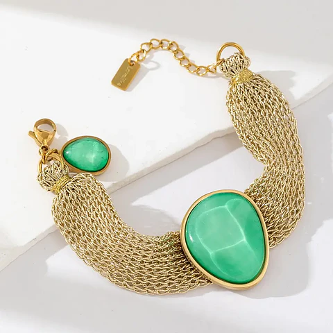 Pulseira Golden Mesh Green Stone