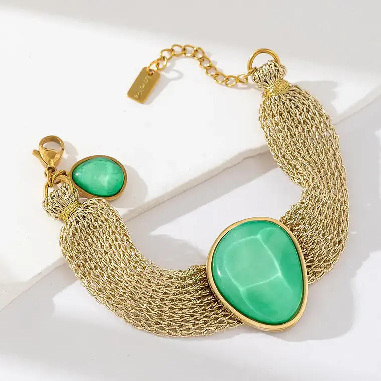 Pulseira Golden Mesh Green Stone 1