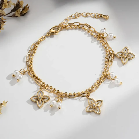 Pulseira Floral Pearl Dourada | Aço Inoxidável