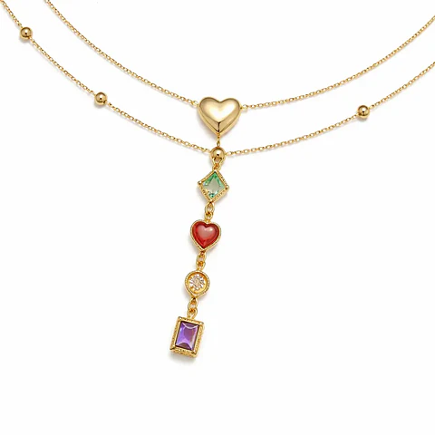 Colar Íris Multigemas em Camadas em Aço Inoxidável Banhado a Ouro 18K