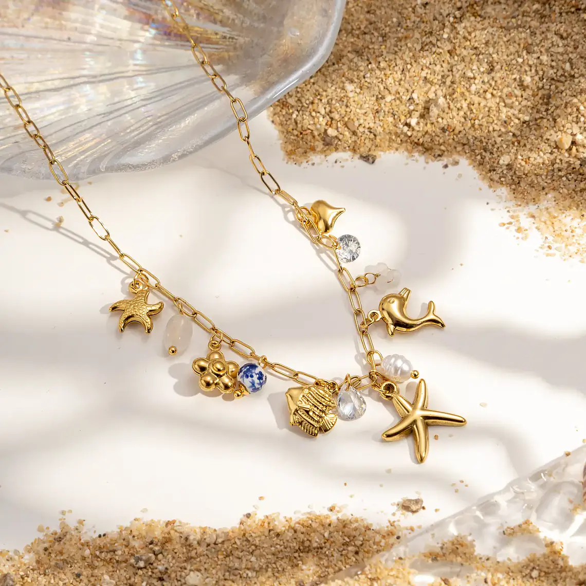 Colar Ocean Pearl Charm Dourado em Aço Inoxidável 1
