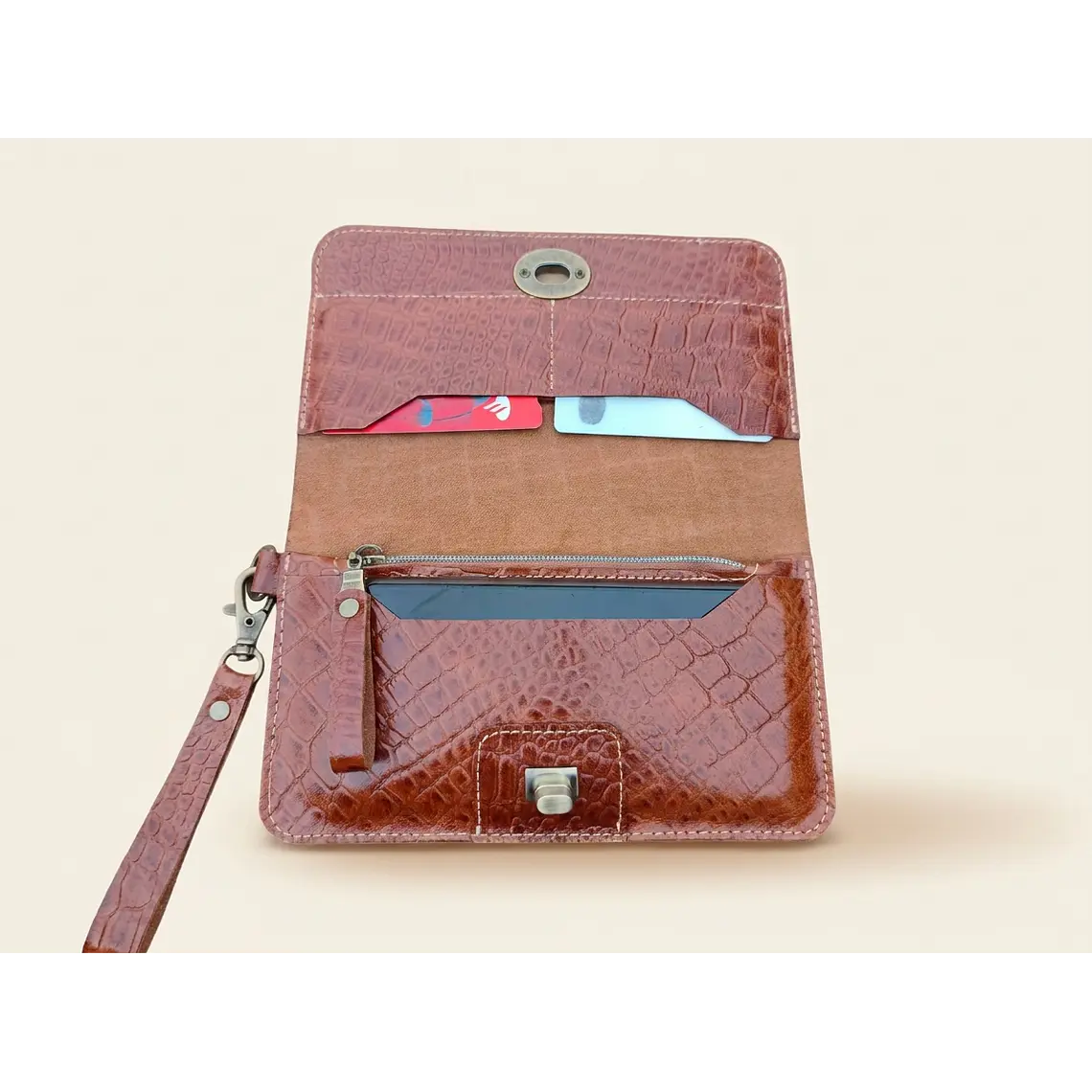 Billetera Mujer Multipropósito Camel Croco 5