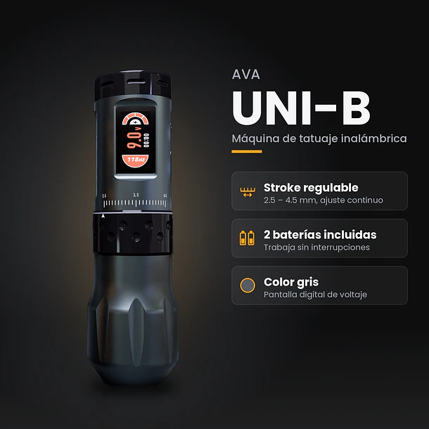 Máquina de Tatuar Inalámbrica AVA UNI-B Gris – Stroke Regulable 2.5–4.5 mm + 2 Baterías 1
