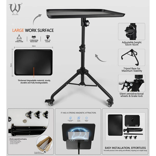 Mesa Auxiliar para Tatuaje AVA con Ruedas – Bandeja 50x35 cm 3