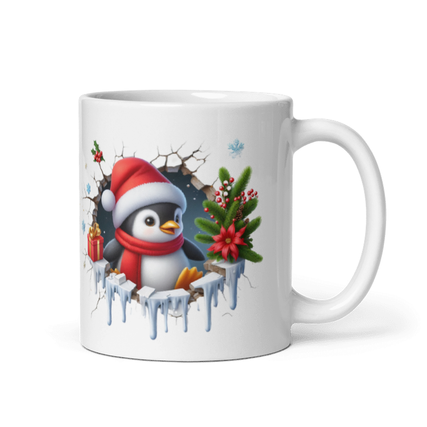 Taza de Navidad - Pingüino tierno, gorro de Santa Claus y regalo  1