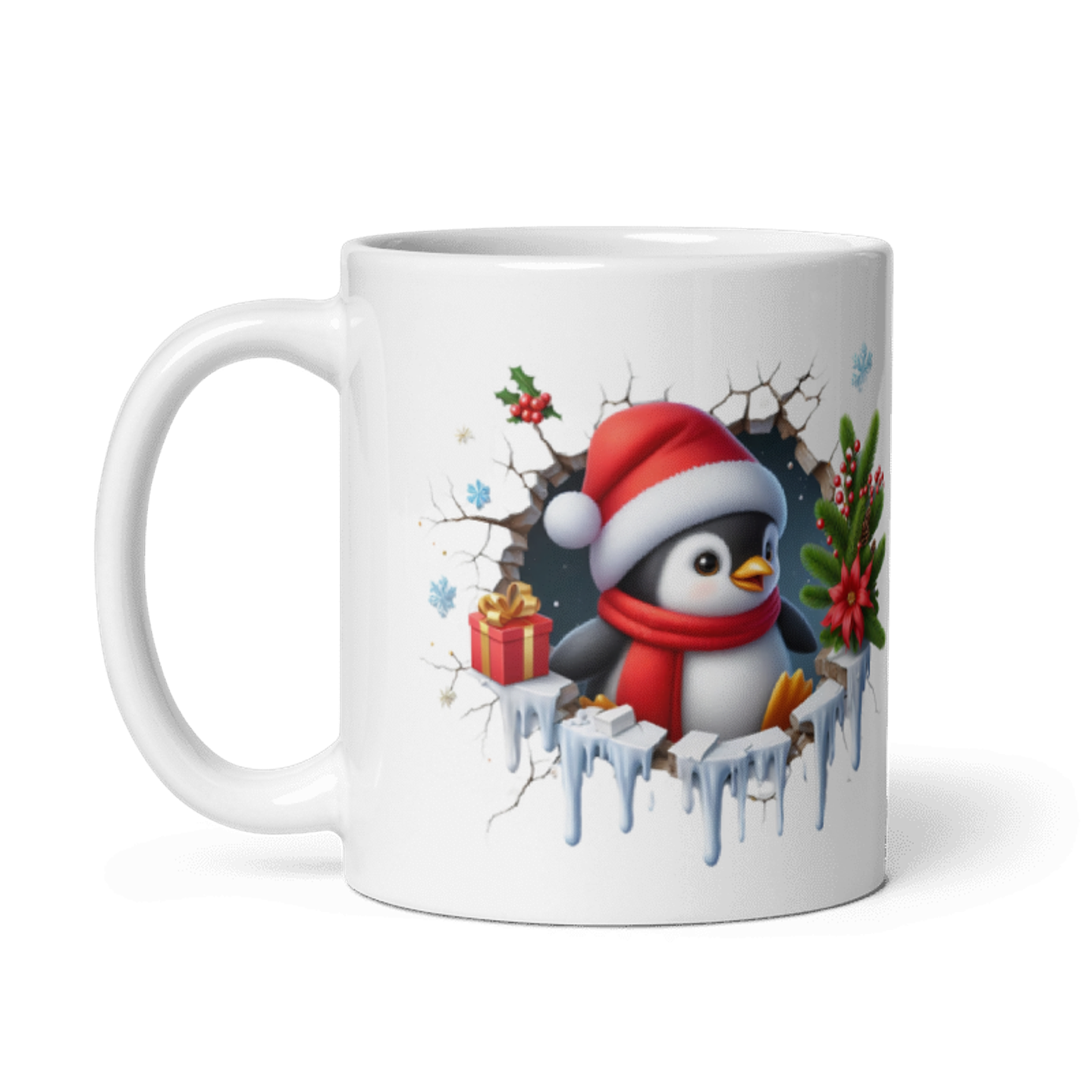 Taza de Navidad - Pingüino tierno, gorro de Santa Claus y regalo  2