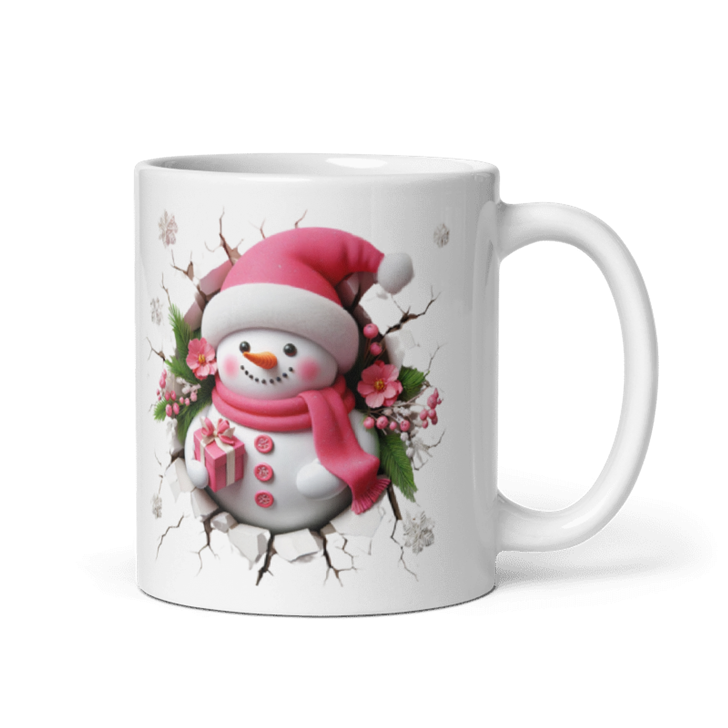 Taza de Navidad - Muñeco de nieve tierno en rosa con diseño navideño 1