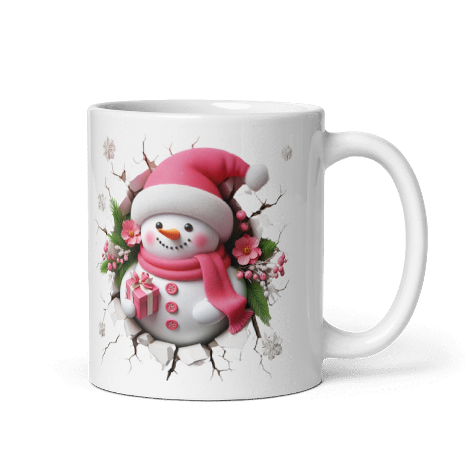 Taza de Navidad - Muñeco de nieve tierno en rosa con diseño navideño 1