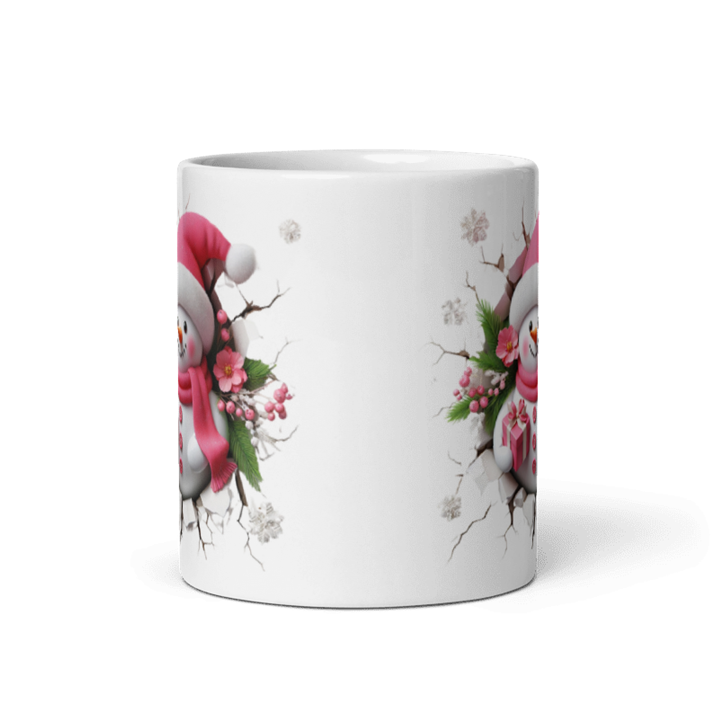 Taza de Navidad - Muñeco de nieve tierno en rosa con diseño navideño 3