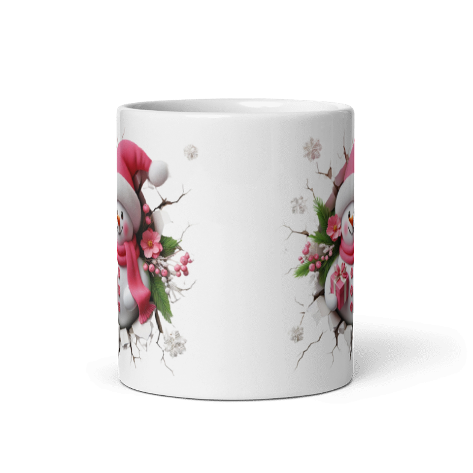 Taza de Navidad - Muñeco de nieve tierno en rosa con diseño navideño 3