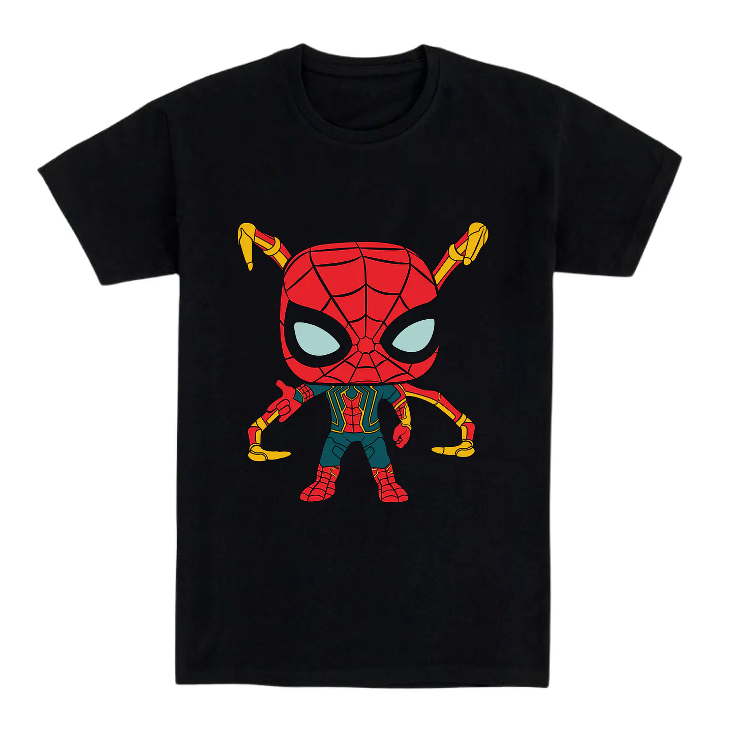 Camiseta friki – Héroe arácnido con brazos mecánicos estilo chibi 1