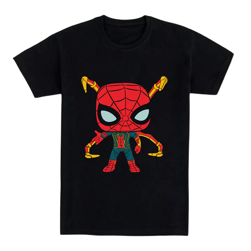 Camiseta friki – Héroe arácnido con brazos mecánicos estilo chibi 1