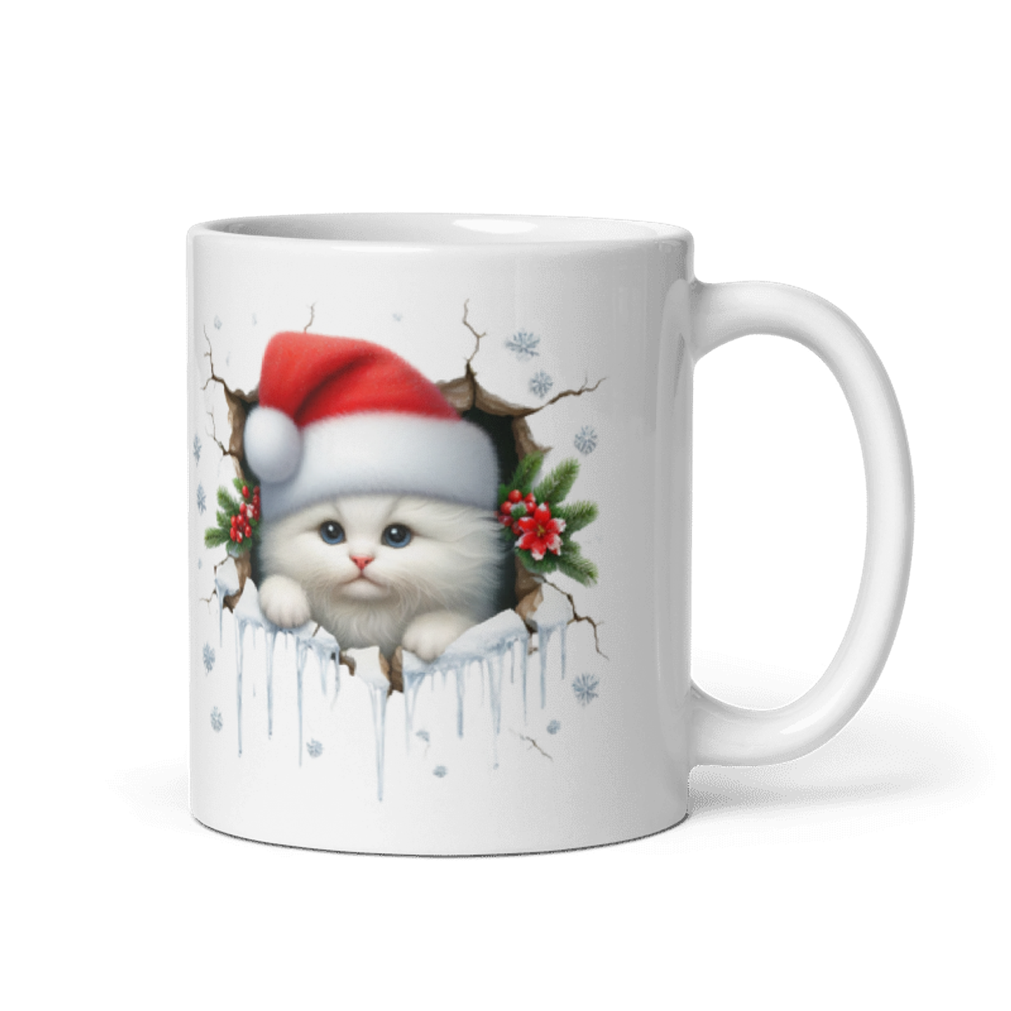 Taza de Navidad - Gatito Blanco con Gorro de Santa Claus 1