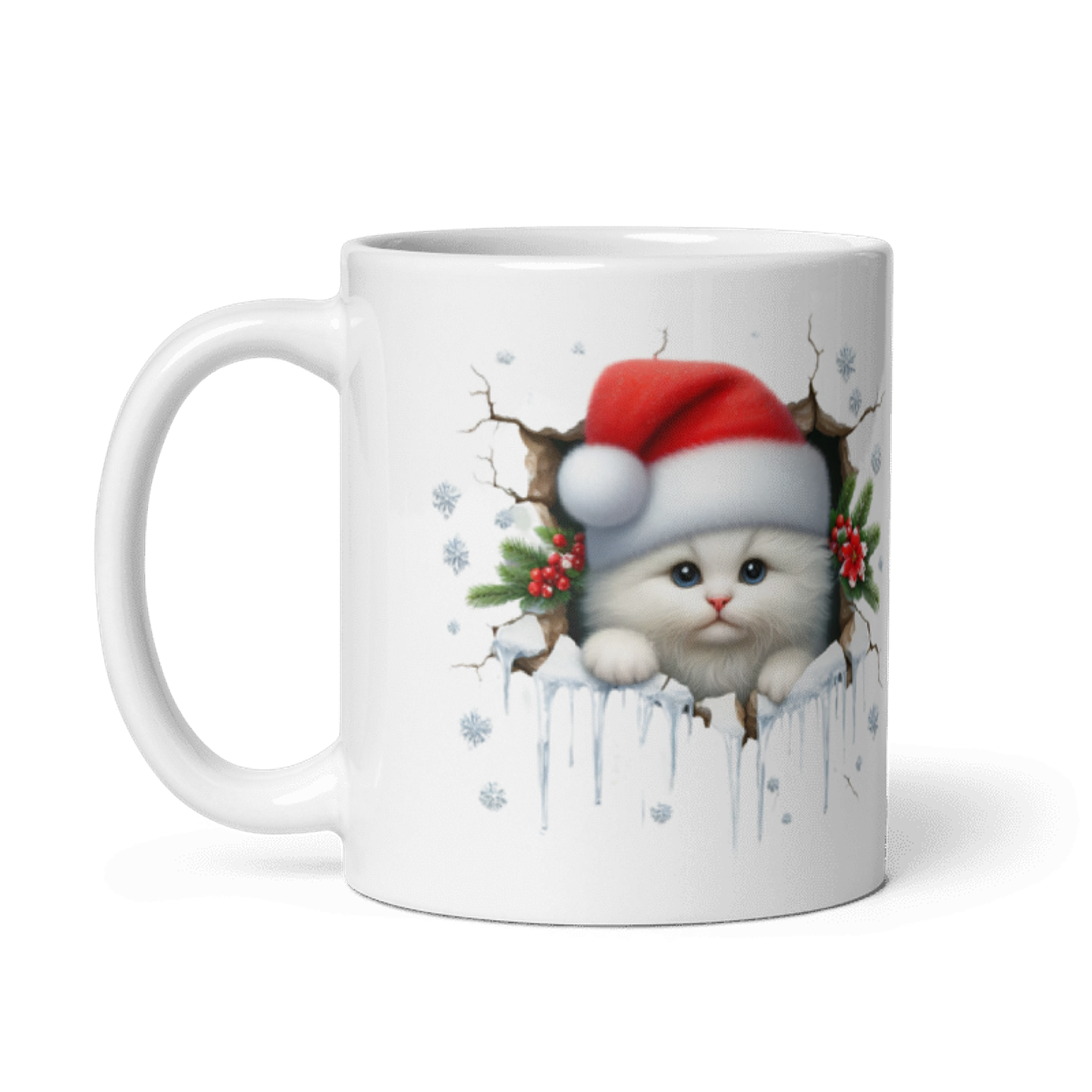 Taza de Navidad - Gatito Blanco con Gorro de Santa Claus 2