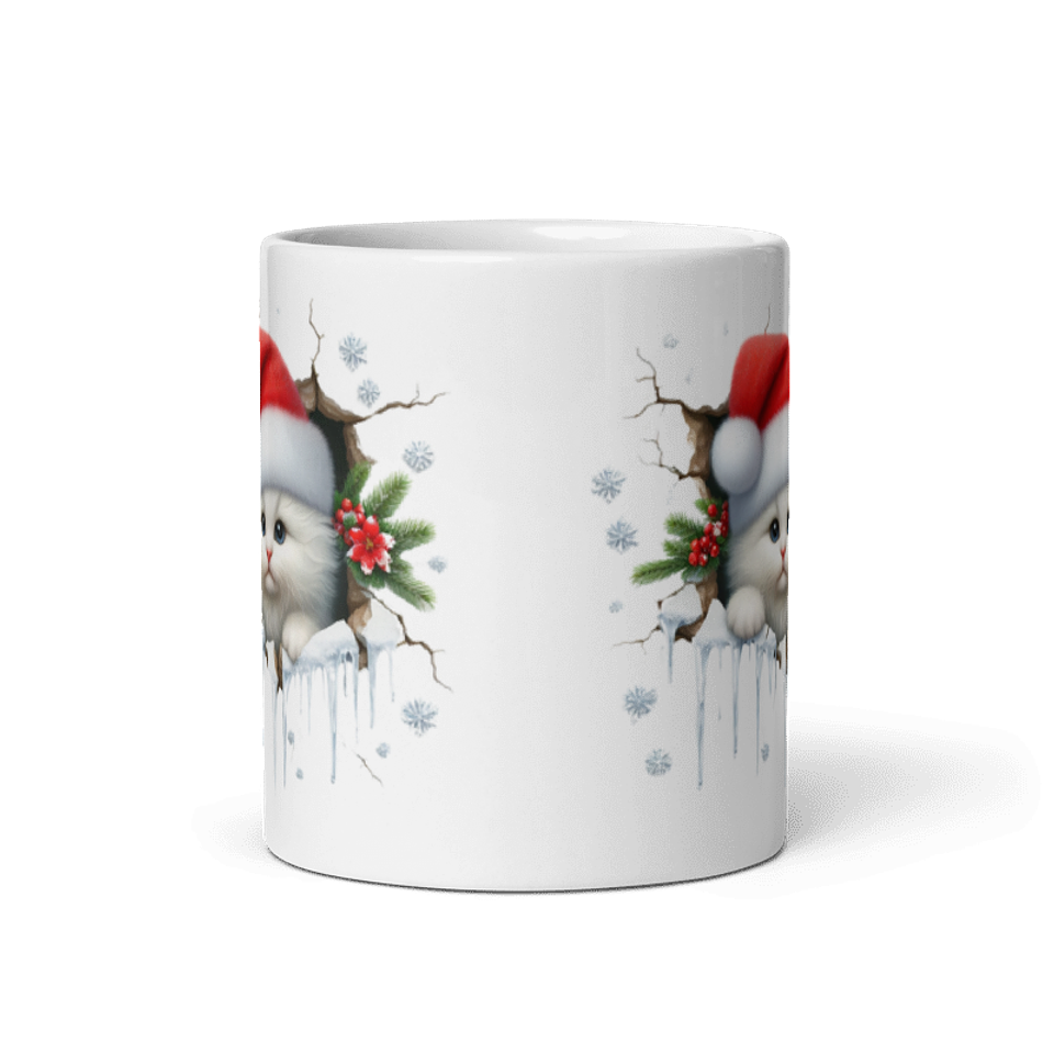 Taza de Navidad - Gatito Blanco con Gorro de Santa Claus 3