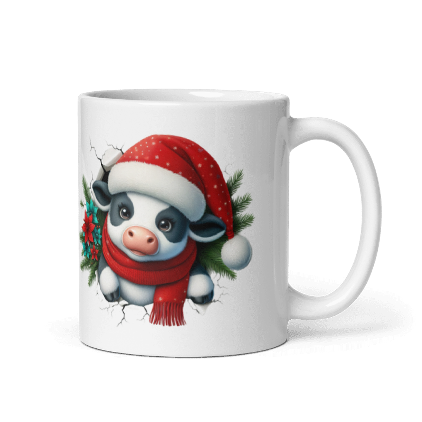 Taza de Navidad - Vaquita con Bufanda Roja y Gorro de Santa Claus 1
