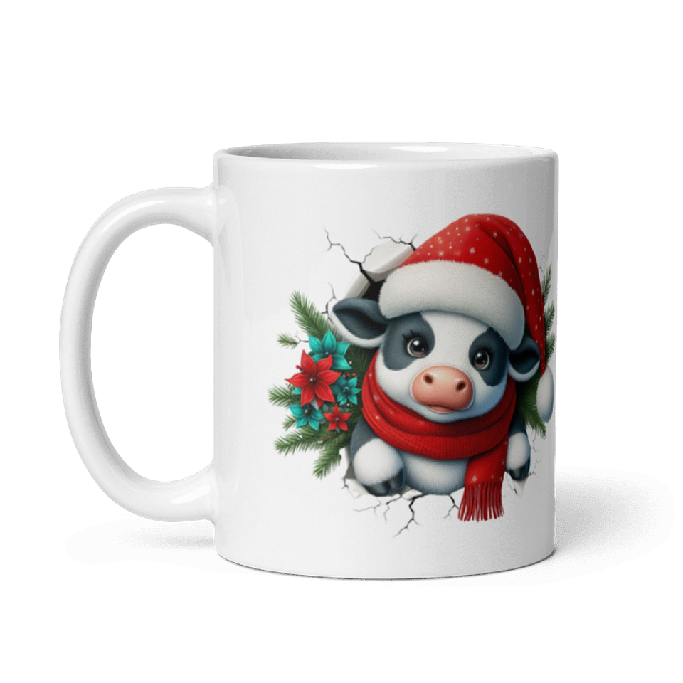 Taza de Navidad - Vaquita con Bufanda Roja y Gorro de Santa Claus 2
