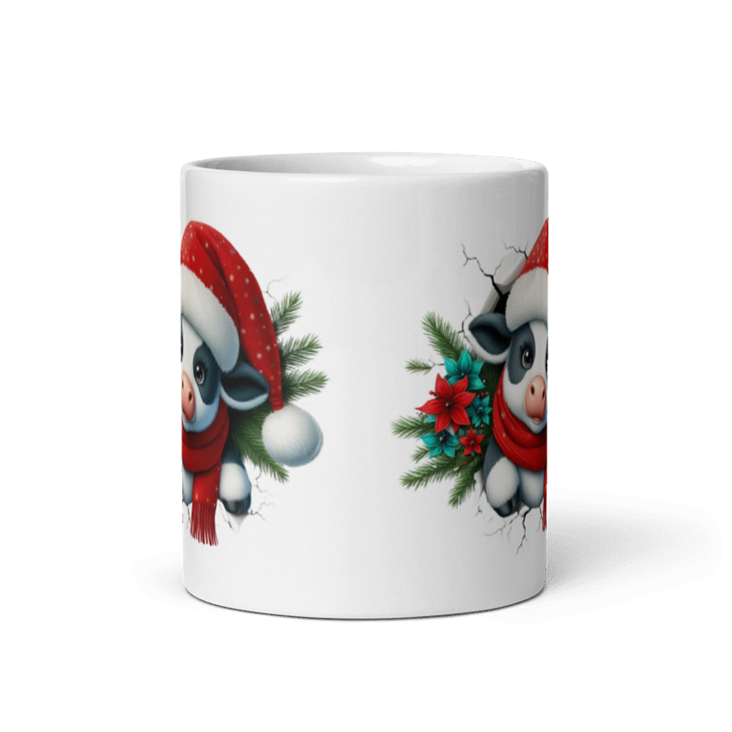 Taza de Navidad - Vaquita con Bufanda Roja y Gorro de Santa Claus 3