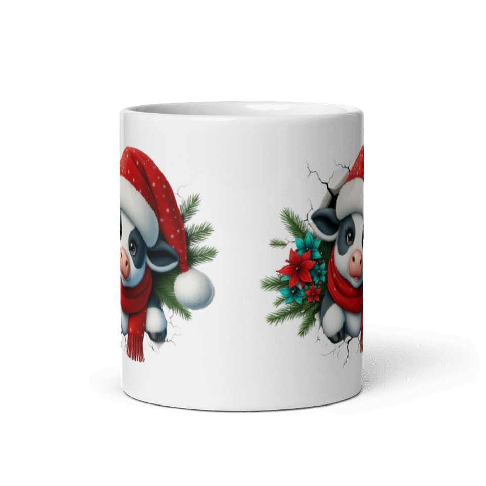 Taza de Navidad - Vaquita con Bufanda Roja y Gorro de Santa Claus 3