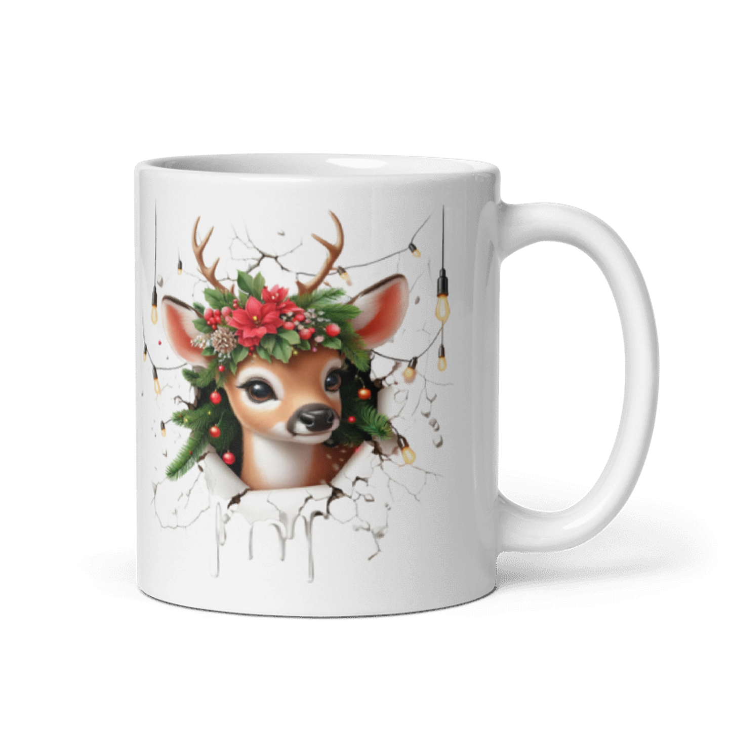 Taza de Navidad - Reno con Corona Navideña y Luces Decorativas 1