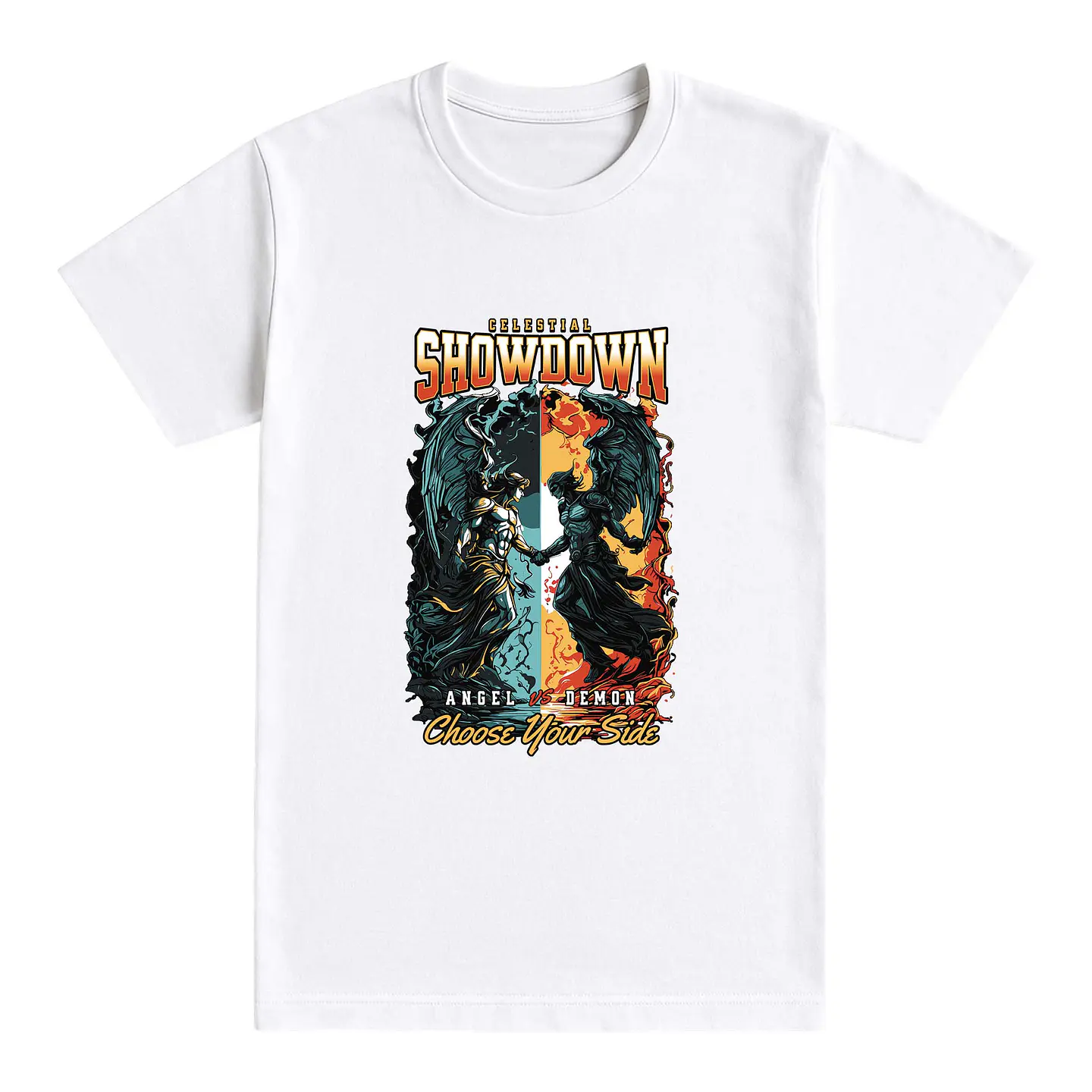 Camiseta festivalera – Showdown celestial: ángel vs demonio 1