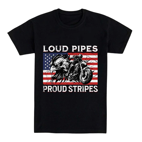 Camiseta motero – Loud Pipes, Proud Stripes