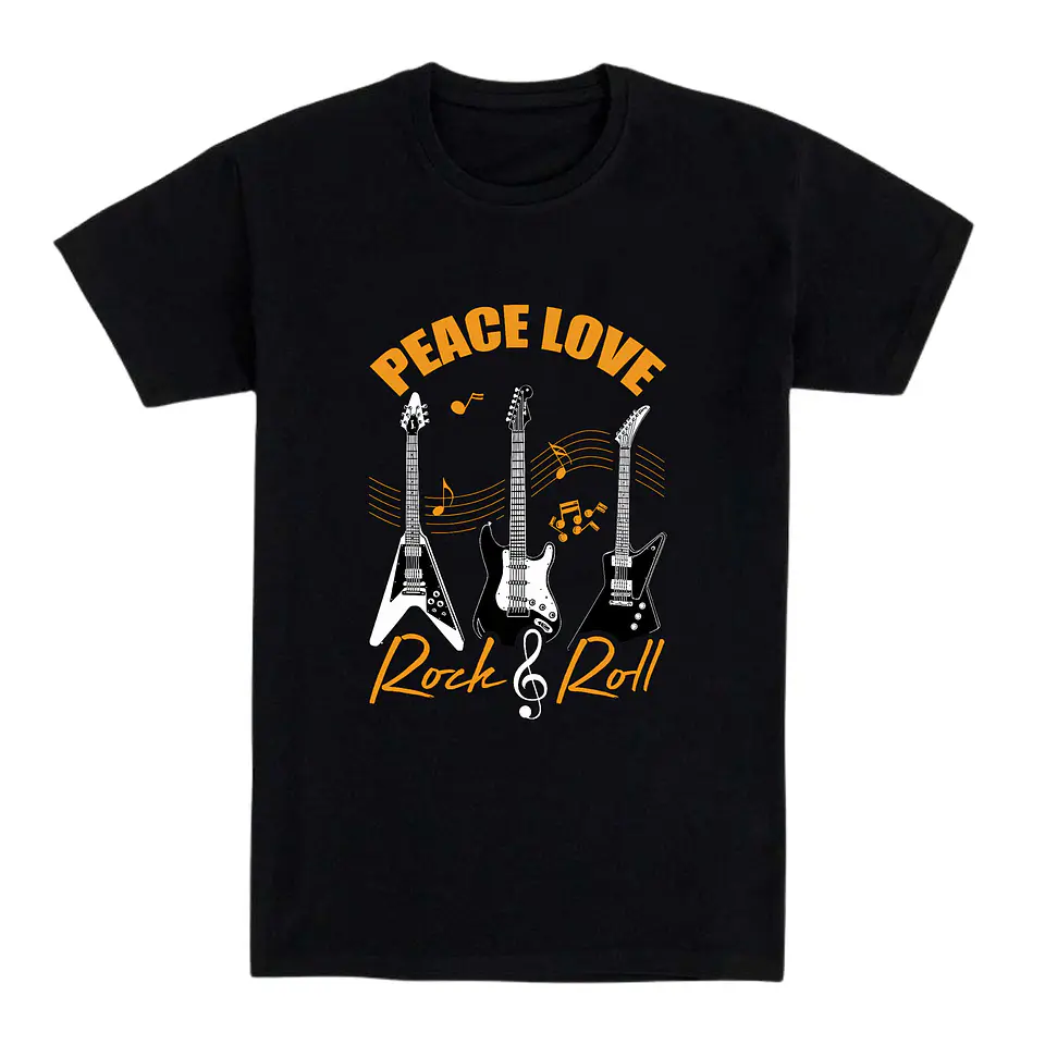 Camiseta rockera – Peace, Love & Rock and Roll 1