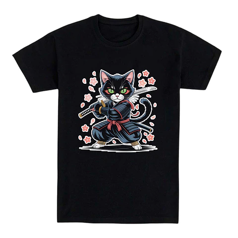 Camiseta gato – Ninja felino entre flores de cerezo