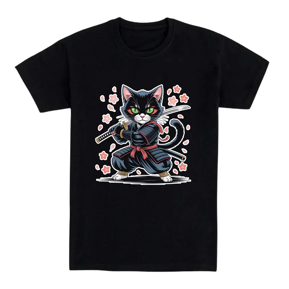 Camiseta gato – Ninja felino entre flores de cerezo 1