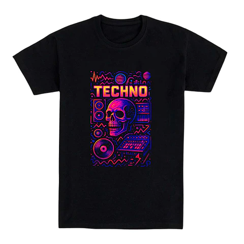 Camiseta techno – Calavera Neón Synth