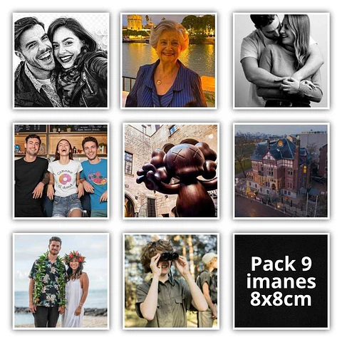 Pack 9 imanes personalizados alta calidad fotográfica 8x8cm con borde blanco