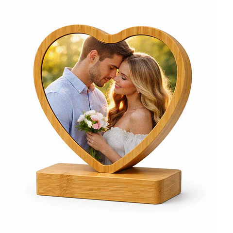 Portafotos personalizado de bambú corazón 11,5x10,8cm