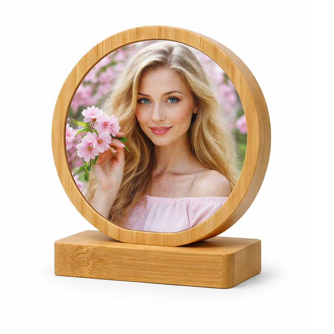Portafotos personalizado de bambú círculo 11x10,7cm 1