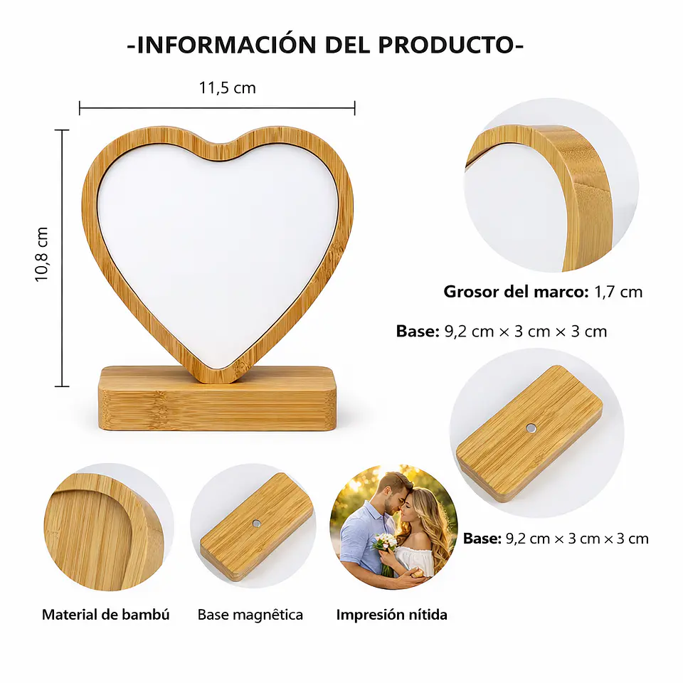 Portafotos personalizado de bambú corazón 11,5x10,8cm 2