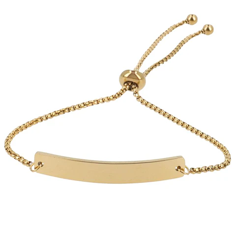 Pulsera personalizada mujer, medallón rectangular grabado en acero inoxidable color dorado
