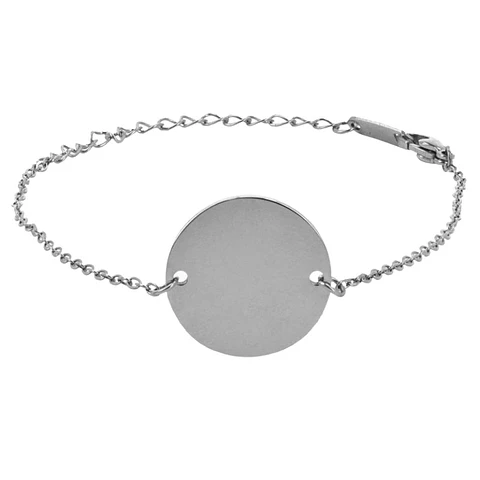 Pulsera personalizada mujer, medallón circular grabado en acero inoxidable plata