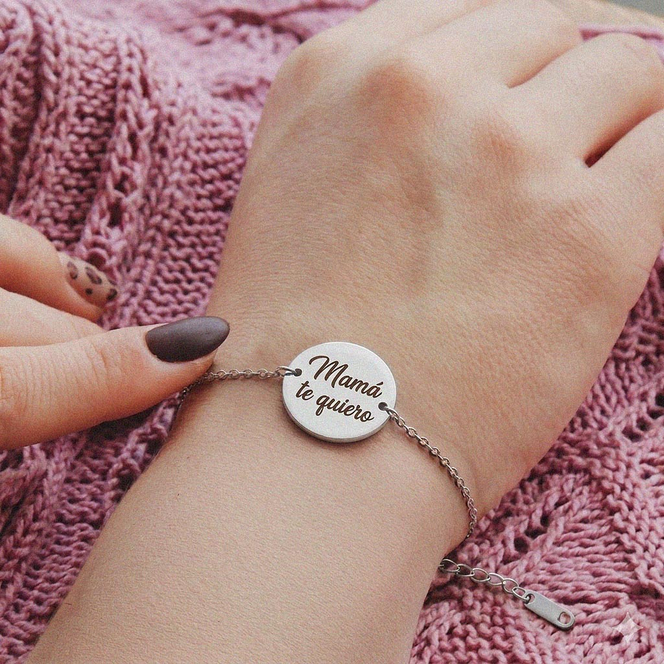 Pulsera personalizada mujer, medallón circular grabado en acero inoxidable plata 4