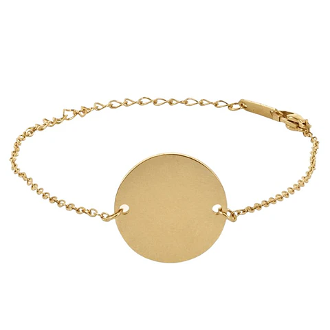 Pulsera personalizada mujer, medallón circular grabado en acero inoxidable dorado