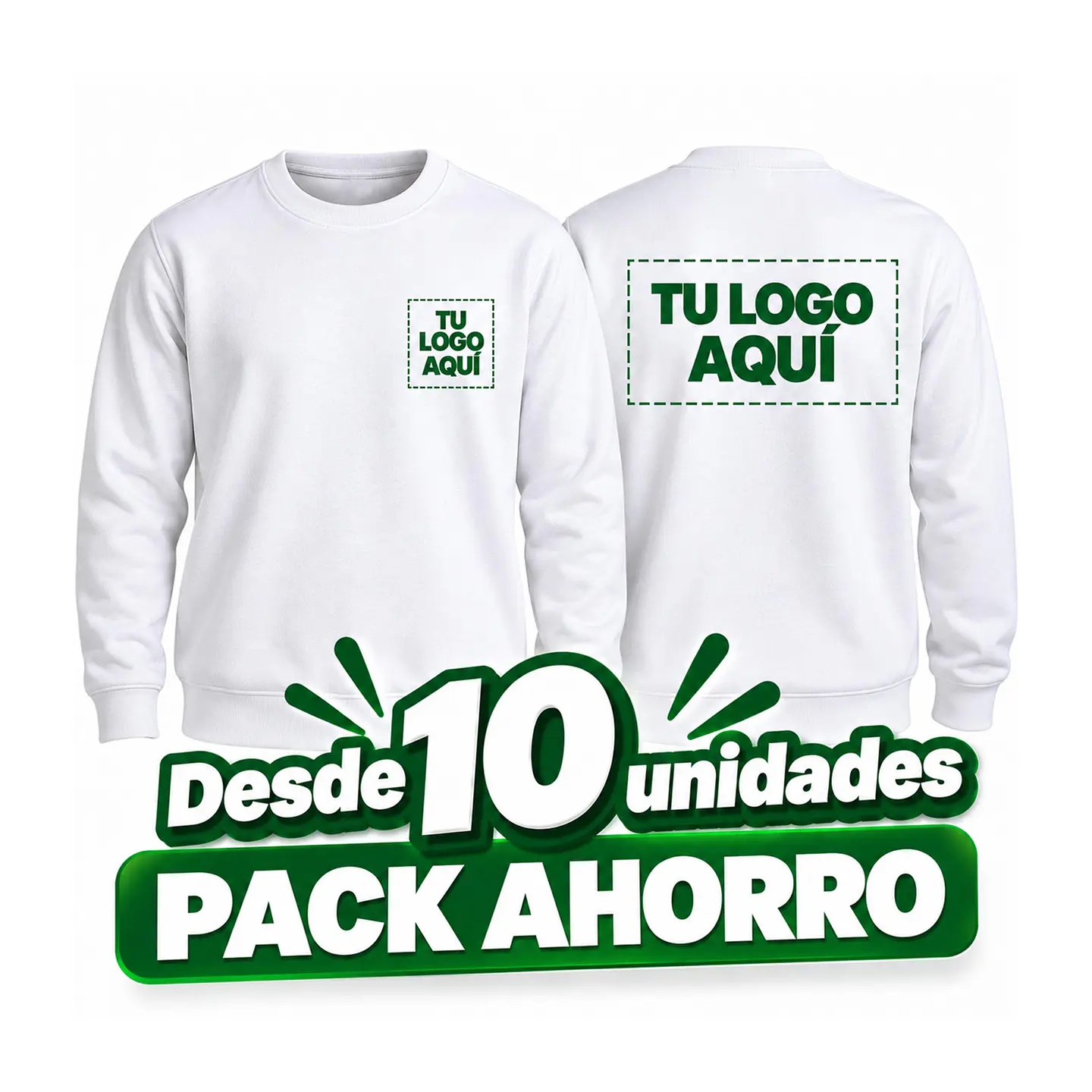 Pack AHORRO | Sudaderas sin capucha personalizadas, impresión delantera de logo bolsillo 10x10cm y trasera 33x28,5cm 1