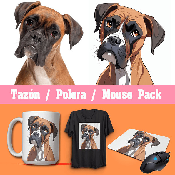 Caricaturizada tu mascota | Pack de Regalo | Tazón/Polera/Mouse Pad Incluye Bolsa de Regalo 1