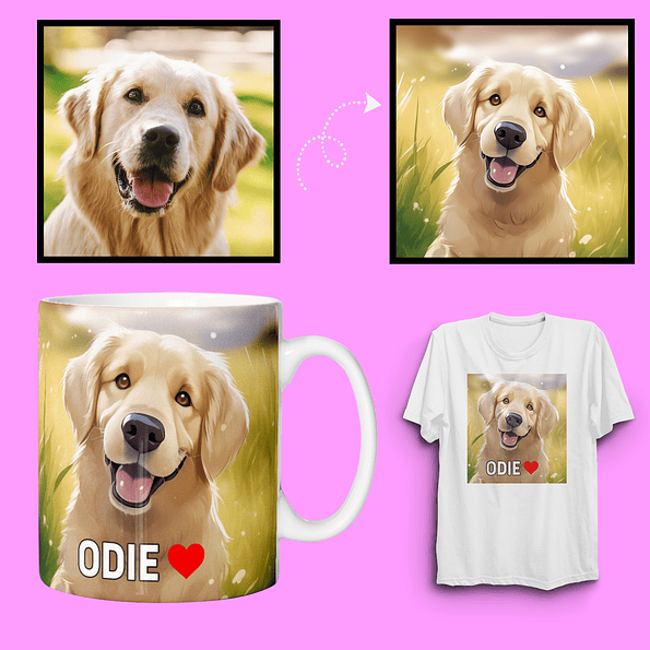 Caricatura de tu Mascota en Polera y Tazón - Personalización Única 2