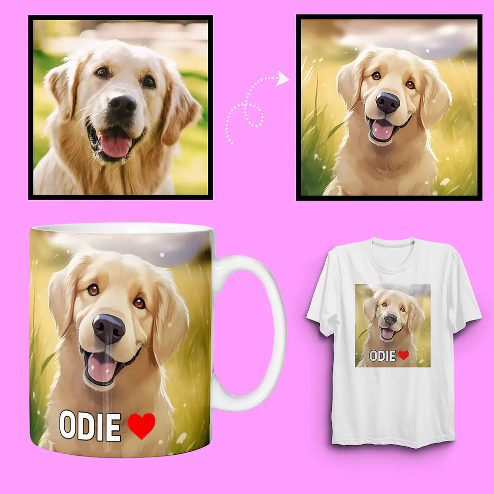 Caricatura de tu Mascota en Polera y Tazón - Personalización Única 2