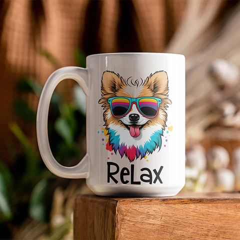 Tazón Relax con Perro Colorido - Taza de Café para Relajarse