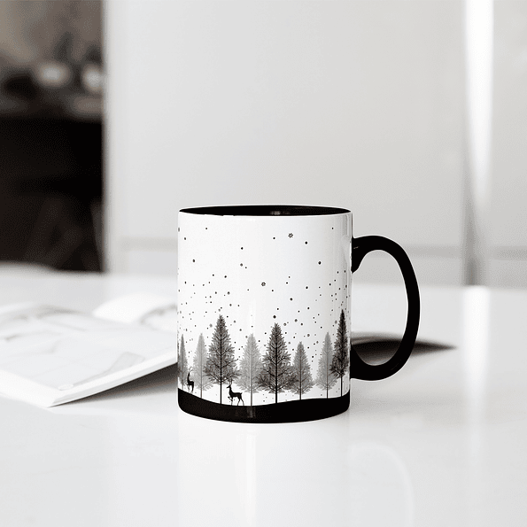 Tazón Navideño con Paisaje de Árboles y Renos en Blanco y Negro – Diseño Elegante para esta Navidad 2