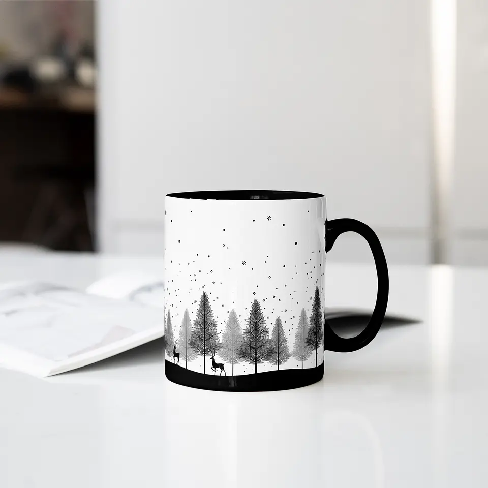 Tazón Navideño con Paisaje de Árboles y Renos en Blanco y Negro – Diseño Elegante para esta Navidad 2