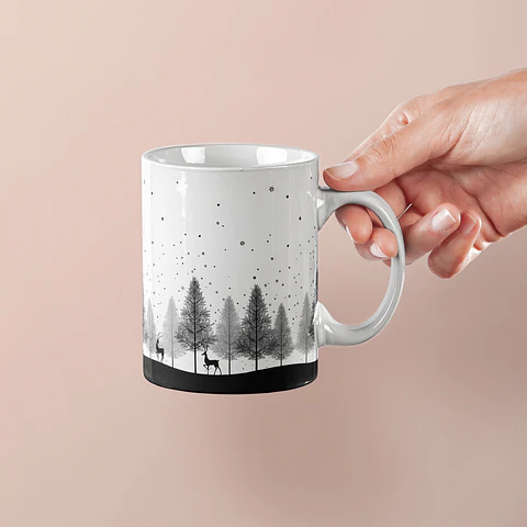 Tazón Navideño con Paisaje de Árboles y Renos en Blanco y Negro – Diseño Elegante para esta Navidad
